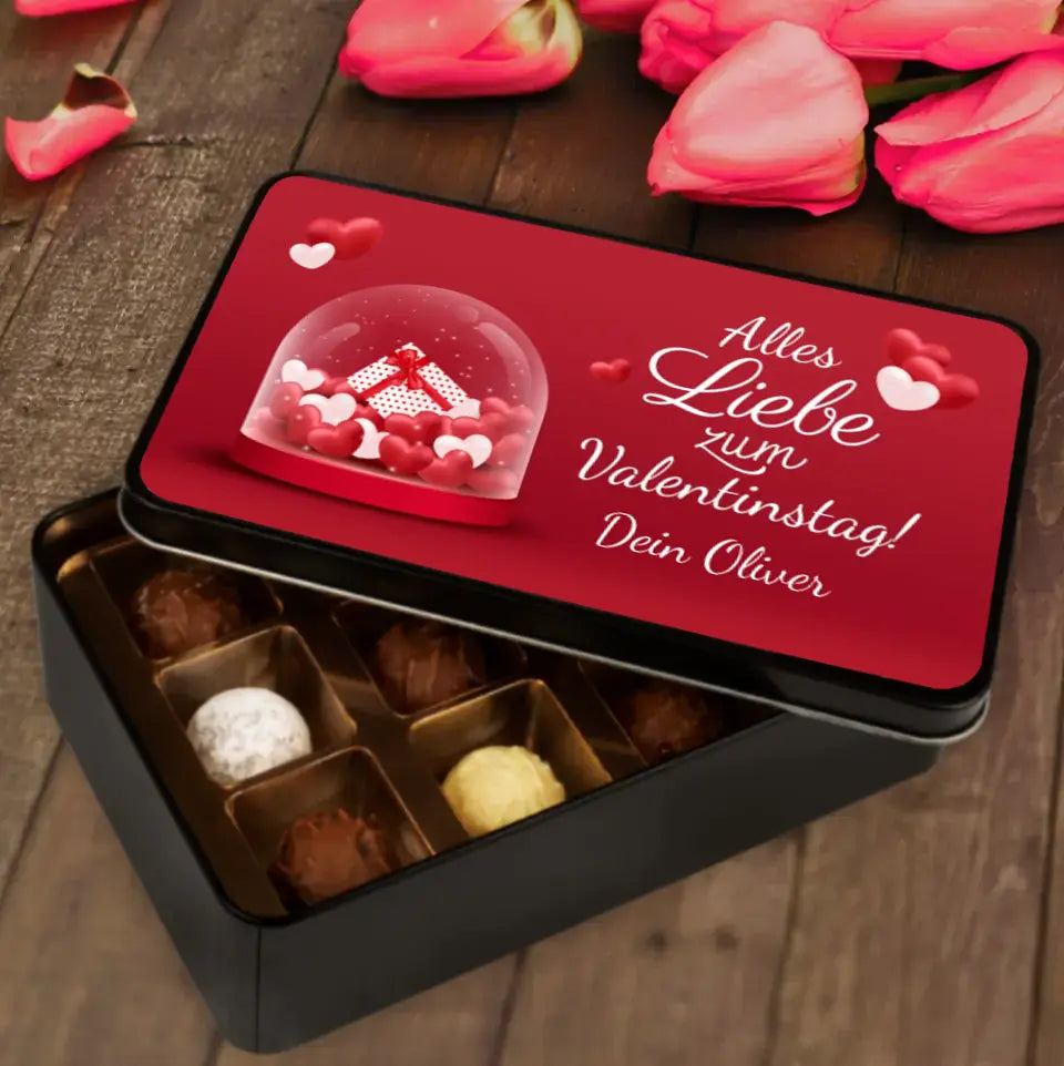 Geschenkdose mit Pralinen personalisiert mit Wunschnamen „Alles Liebe zum Valentinstag“