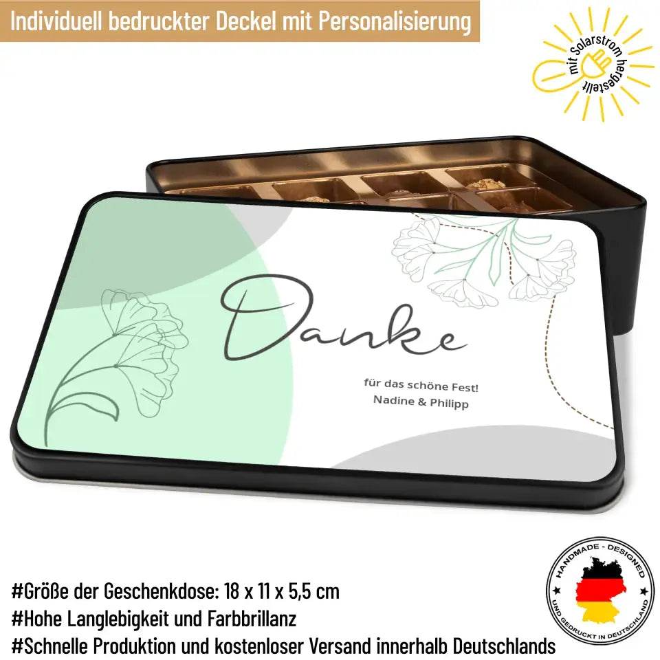 Geschenkdose mit Pralinen personalisiert mit Wunschtext „Danke“ mintgrün