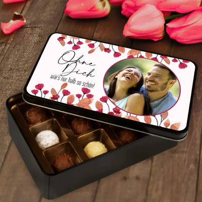Geschenkdose mit Pralinen personalisiert mit Foto „Ohne Dich wär's nur halb so schön“
