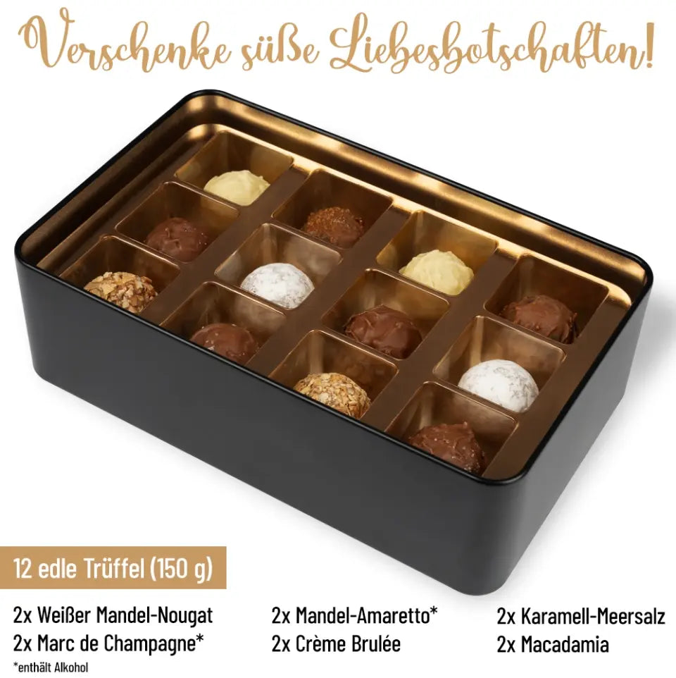 Geschenkdose mit Pralinen personalisiert mit Name + Wunschtext „Alles, was ich brauche, ist Name und Schokolade“