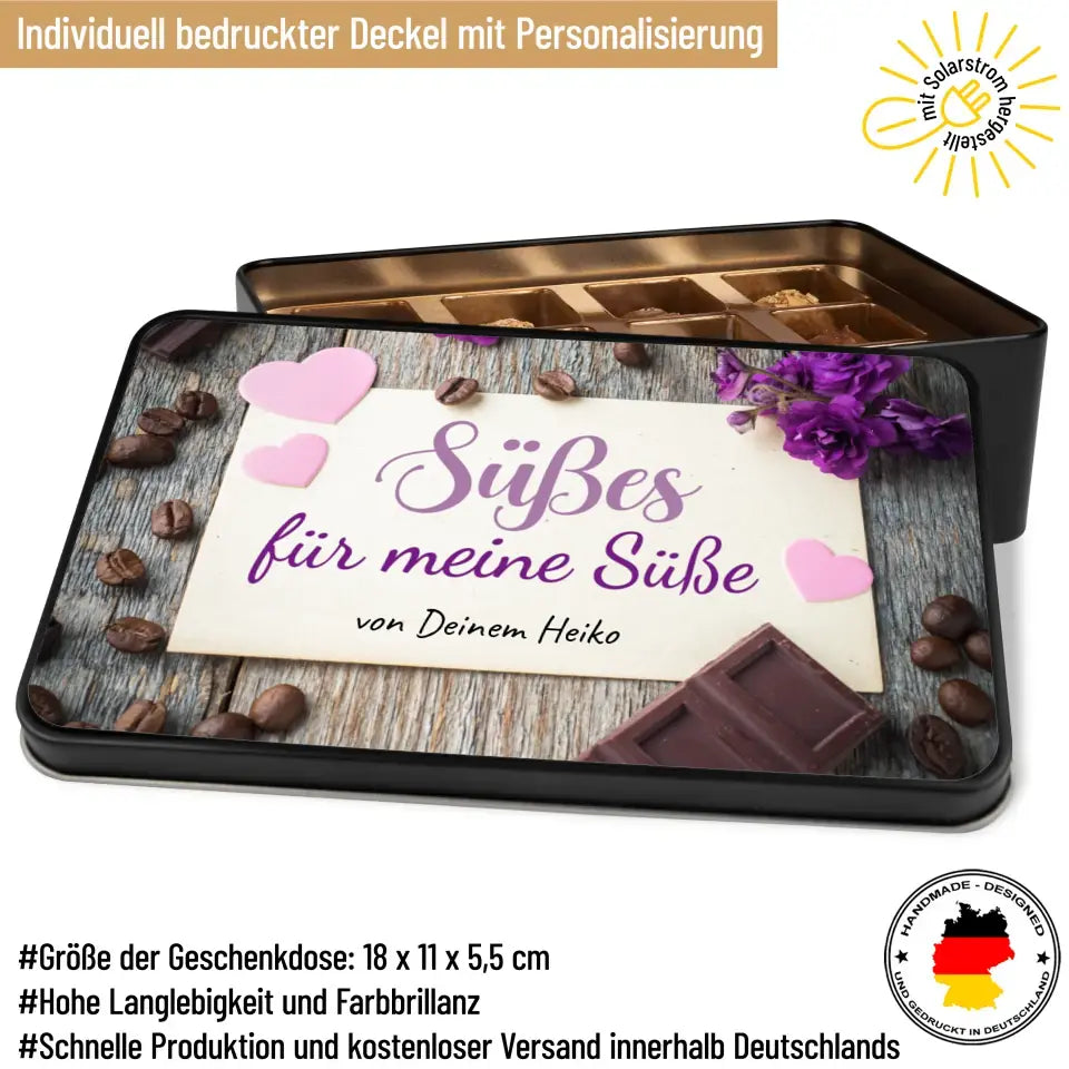Geschenkdose mit Pralinen personalisiert mit Namen und Wunschtext „Süßes für meine Süße“