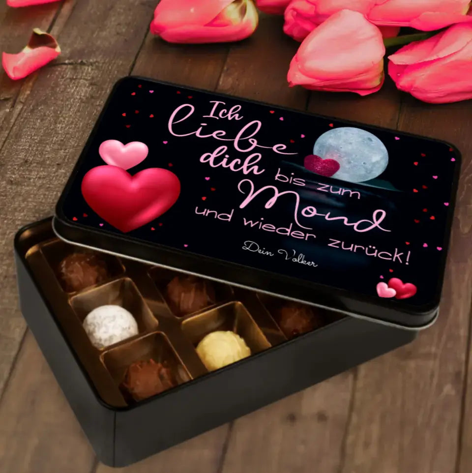 Geschenkdose mit Pralinen personalisiert mit Namen und Wunschtext „Ich liebe dich bis zum Mond und wieder zurück“ / schwarz