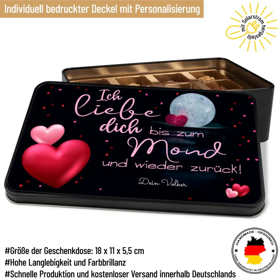 Geschenkdose mit Pralinen personalisiert mit Namen und Wunschtext „Ich liebe dich bis zum Mond und wieder zurück“ / schwarz