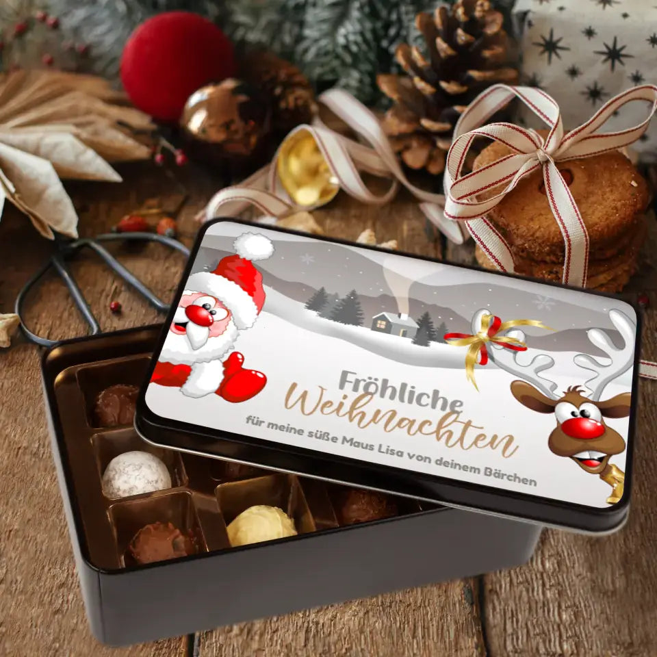 Geschenkdose mit Pralinen personalisiert mit Namen und Wunschtext „Fröhliche Weihnachten“ / Santa Claus