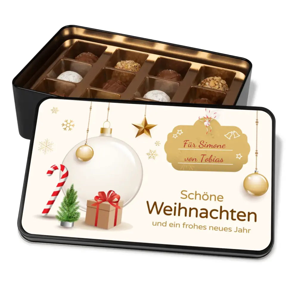 Geschenkdose mit Pralinen personalisiert mit Namen „Schöne Weihnachten und ein frohes neues Jahr“ / Weihnachtskugeln