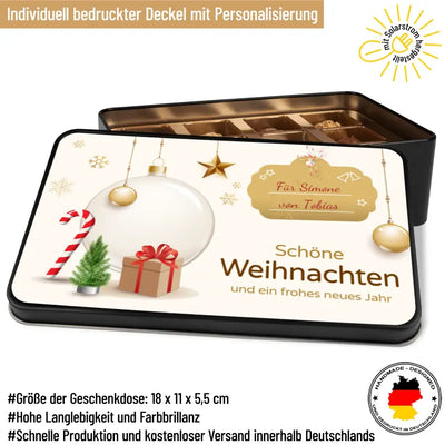 Geschenkdose mit Pralinen personalisiert mit Namen „Schöne Weihnachten und ein frohes neues Jahr“ / Weihnachtskugeln