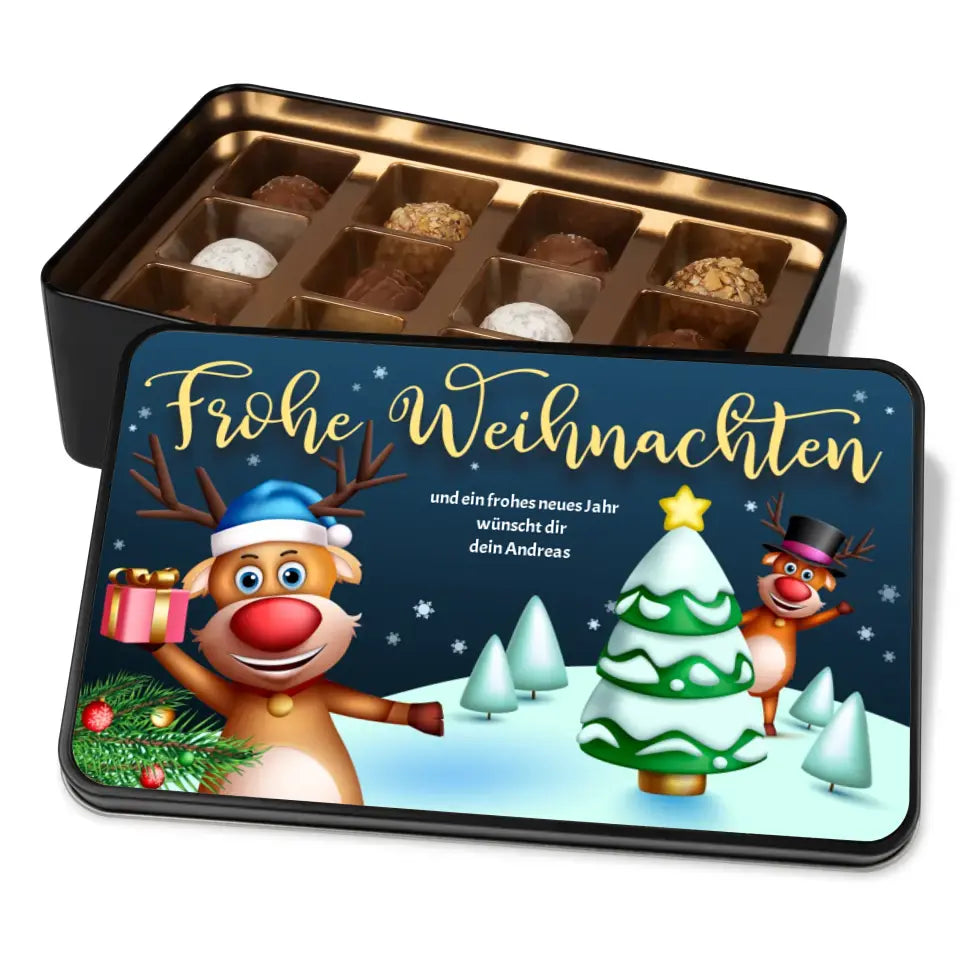 Geschenkdose mit Pralinen personalisiert mit 3 Zeilen Wunschtext „Frohe Weihnachten“/Rentier