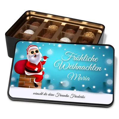 Geschenkdose mit Pralinen personalisiert mit Namen und Wunschtext „Fröhliche Weihnachten“ / Weihnachtsmann