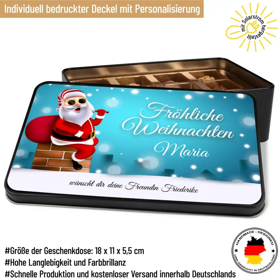 Geschenkdose mit Pralinen personalisiert mit Namen und Wunschtext „Fröhliche Weihnachten“ / Weihnachtsmann