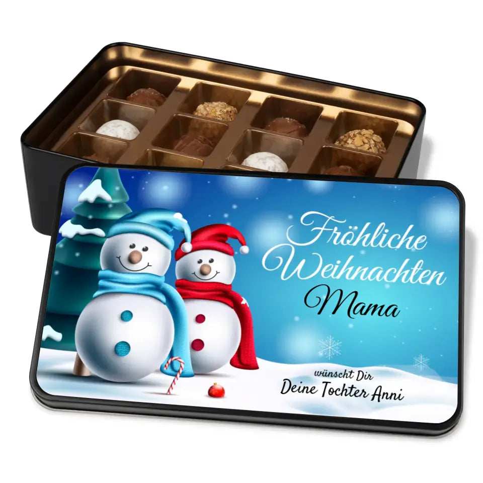 Geschenkdose mit Pralinen personalisiert mit Namen und Wunschtext „Fröhliche Weihnachten“ / Schneemann