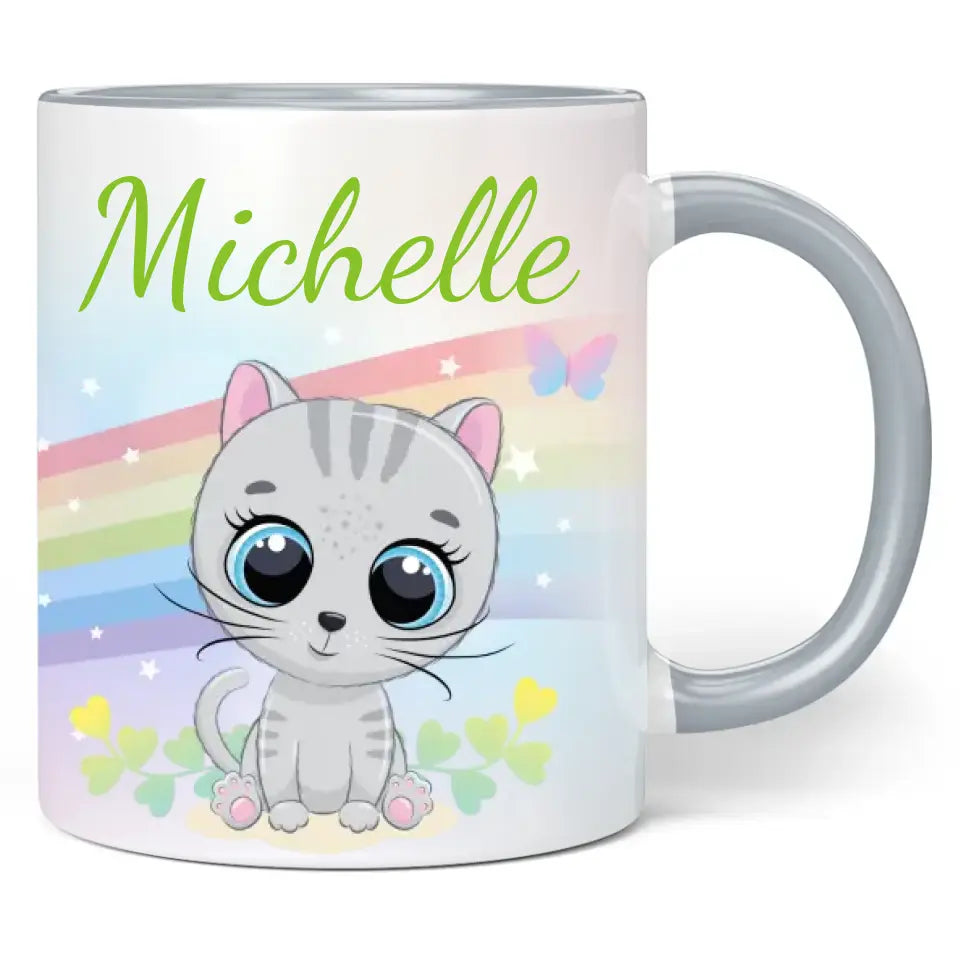Tasse: Regenbogen "graue Katze" - personalisiert mit Namen
