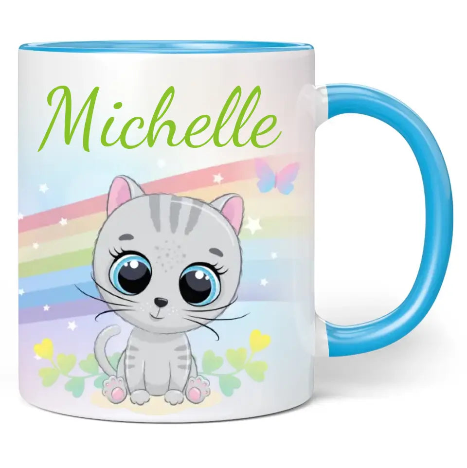 Tasse: Regenbogen "graue Katze" - personalisiert mit Namen