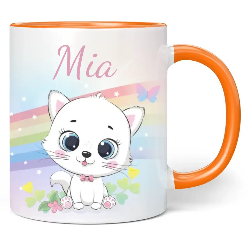 Tasse: Regenbogen "weiße Katze" - personalisiert mit Namen