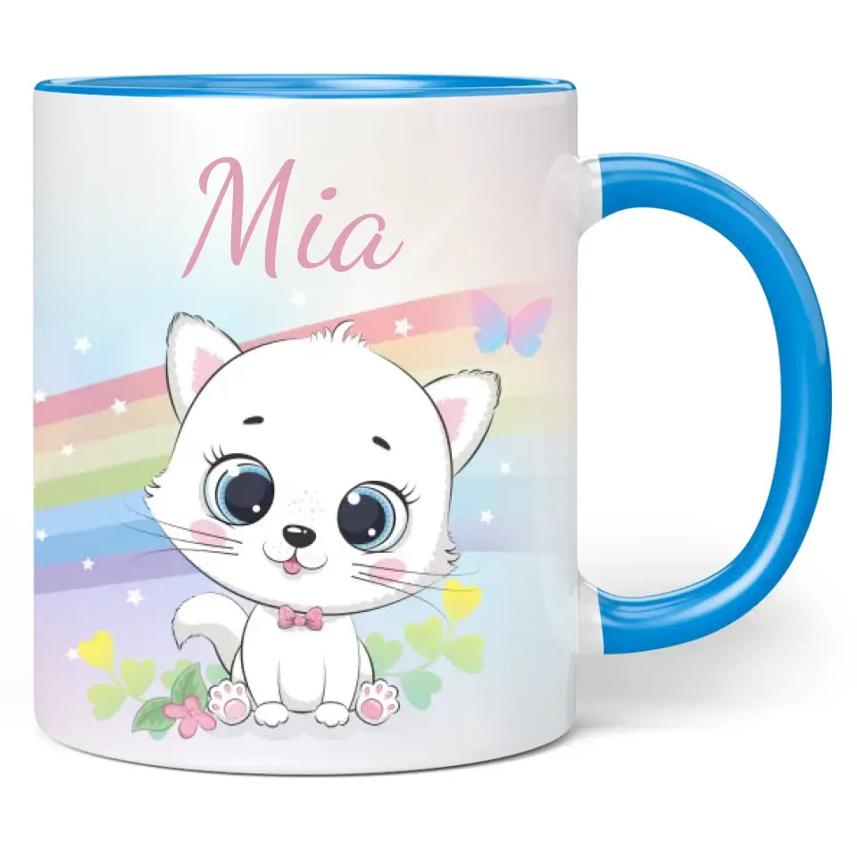 Tasse: Regenbogen "weiße Katze" - personalisiert mit Namen