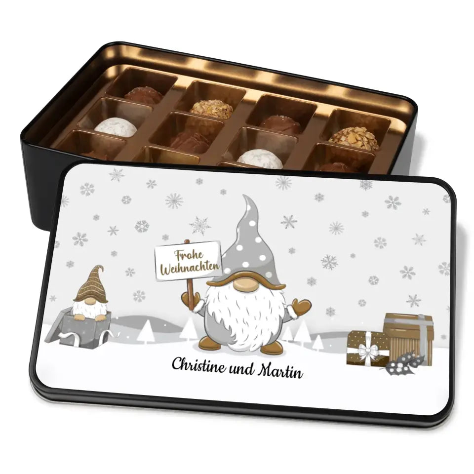 Geschenkdose mit Pralinen personalisiert „Frohe Weihnachten - Goldwichtel“