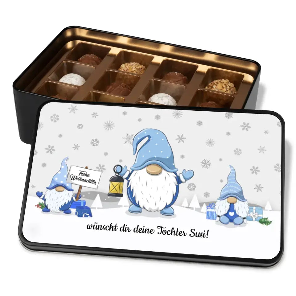 Geschenkdose mit Pralinen personalisiert „Frohe Weihnachten - Wichtel Blau“ mit Wunschtext