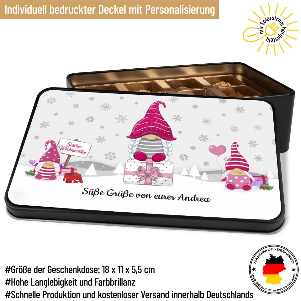 Geschenkdose mit Pralinen personalisiert „Frohe Weihnachten - Wichtel Rosa“ mit Wunschtext