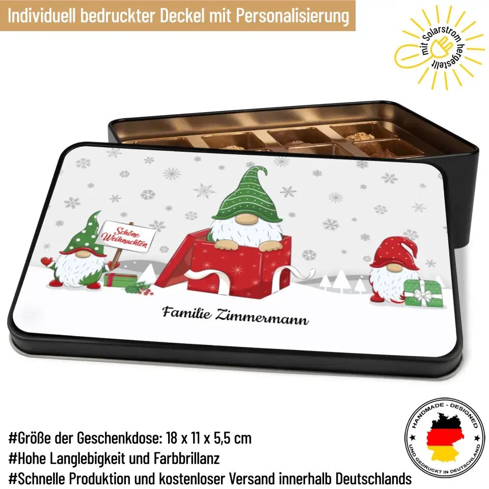 Geschenkdose mit Pralinen personalisiert „Frohe Weihnachten - Wichtel Rot-Grün“ mit Wunschtext