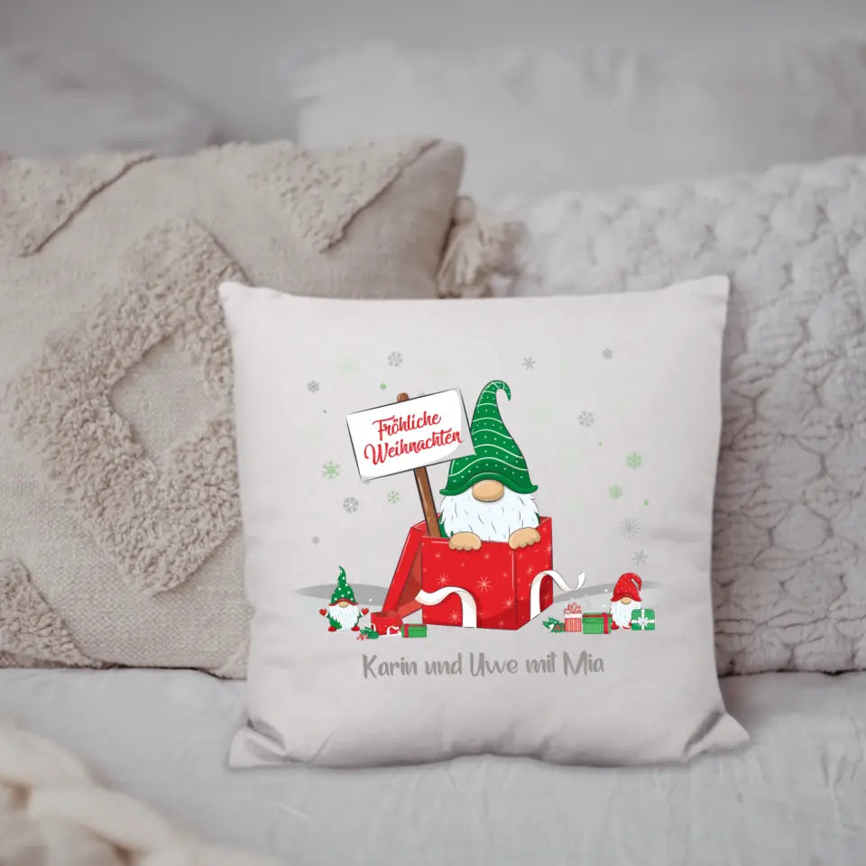 Kissen "Frohe Weihnachten Rot-Grün-Wichtel" personalisiert mit Wunschtext