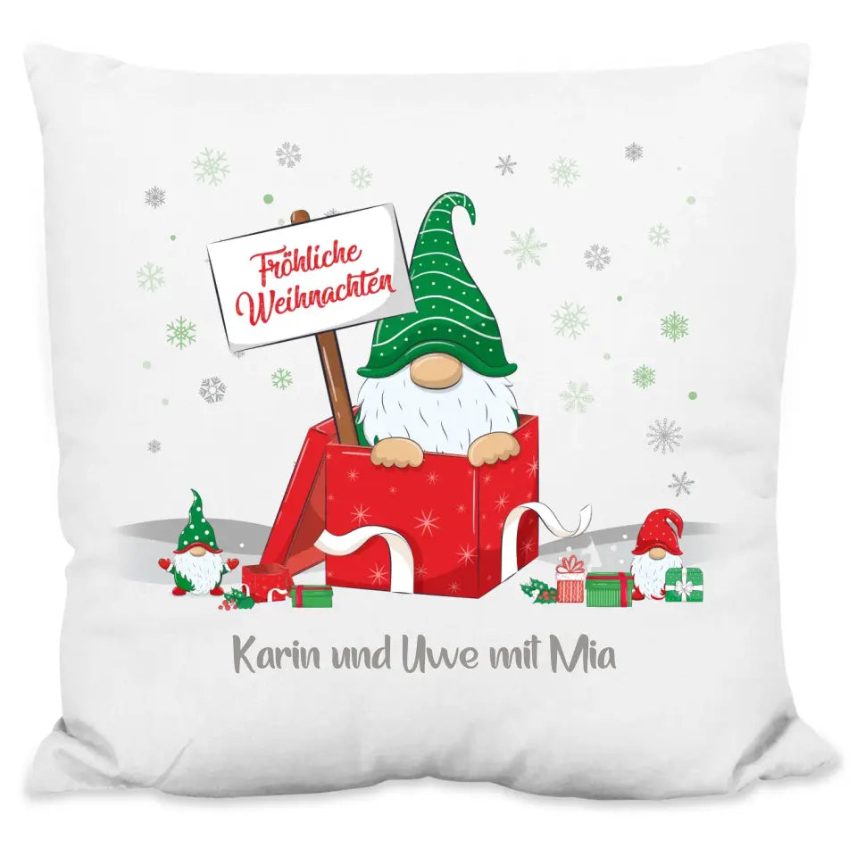 Kissen "Frohe Weihnachten Rot-Grün-Wichtel" personalisiert mit Wunschtext