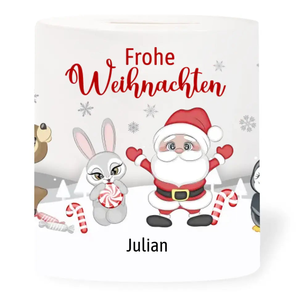 Spardose "Frohe Weihnachten mit Rentier, Hase, Santa und Pinguin" personalisiert mit Wunschname