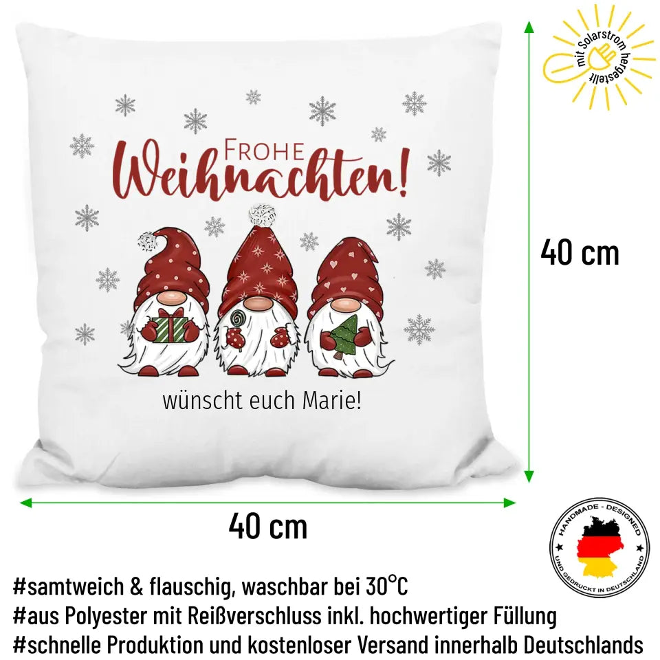 Kissen "Frohe Weihnachten-3 Wichtel" personalisiert mit Wunschtext