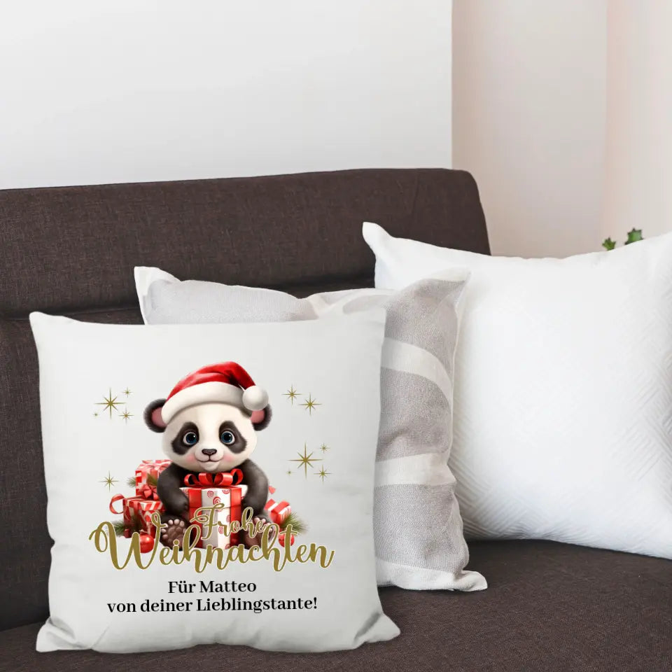 Kissen "Frohe Weihnachten" (Panda-Motiv) personalisiert mit Wunschtext