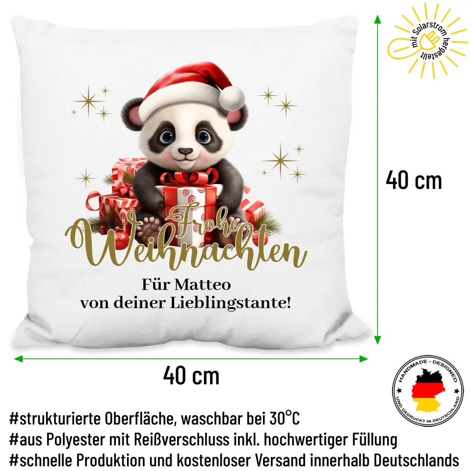 Kissen "Frohe Weihnachten" (Panda-Motiv) personalisiert mit Wunschtext
