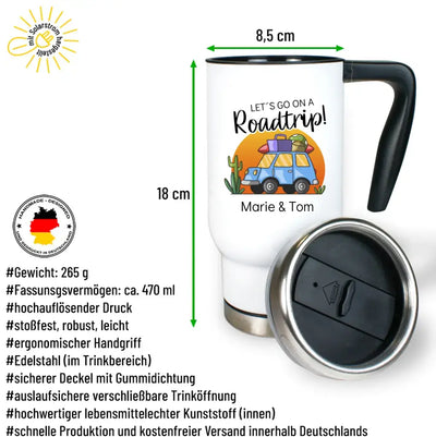 Thermobecher "Let's go on a Roadtrip!" personalisiert mit Name