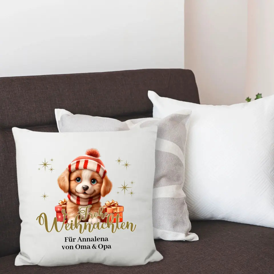 Kissen "Frohe Weihnachten" (Hunde-Motiv) personalisiert mit Wunschtext