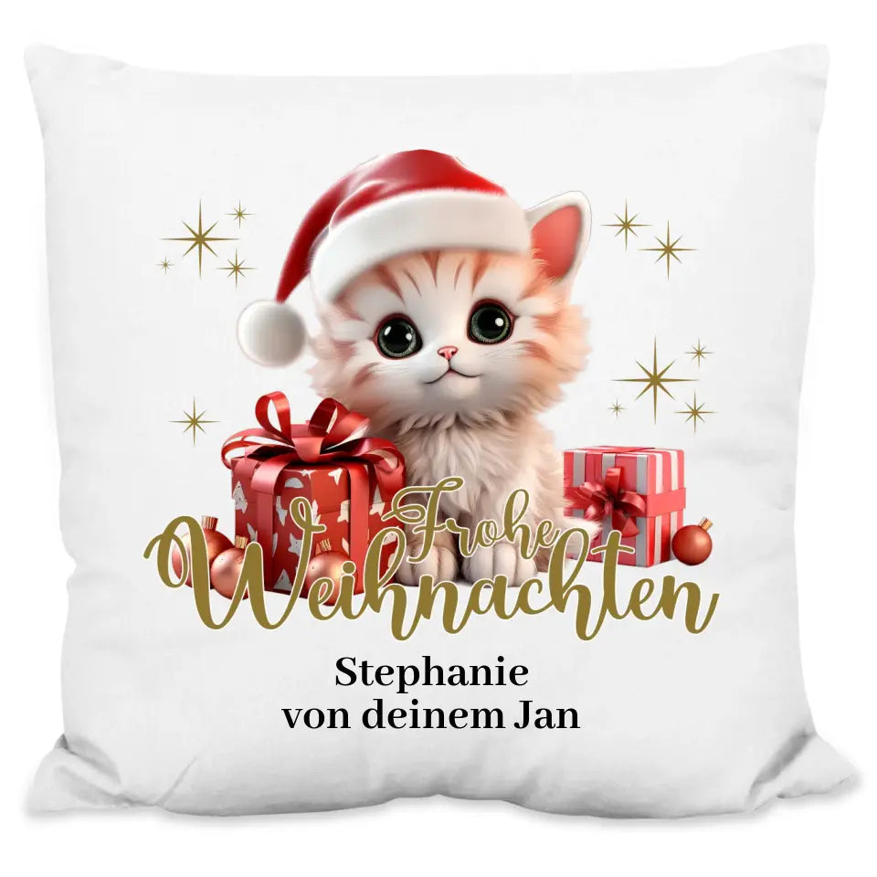 Kissen "Frohe Weihnachten" (Katzen-Motiv) personalisiert mit Wunschtext