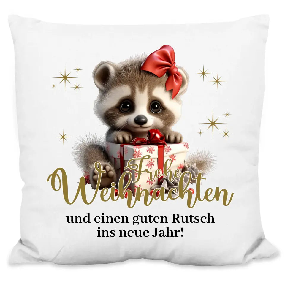 Kissen "Frohe Weihnachten" (Waschbär-Motiv) personalisiert mit Wunschtext
