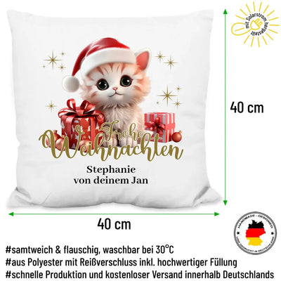 Kissen "Frohe Weihnachten" (Katzen-Motiv) personalisiert mit Wunschtext