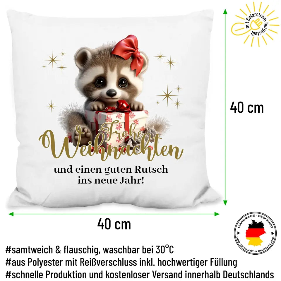Kissen "Frohe Weihnachten" (Waschbär-Motiv) personalisiert mit Wunschtext