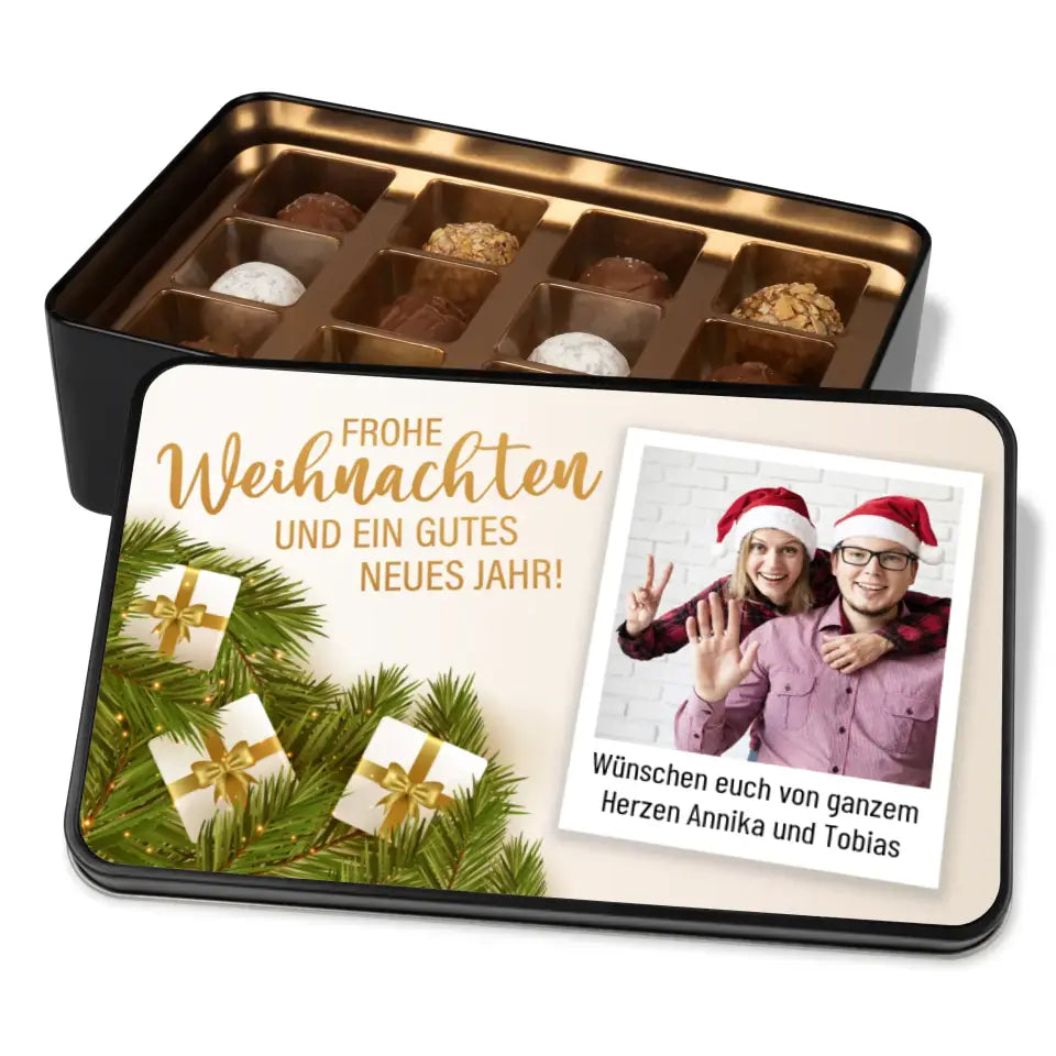 Geschenkdose mit Pralinen personalisiert „Frohe Weihnachten und ein gutes neues Jahr!“ mit eigenem Foto + Wunschtext