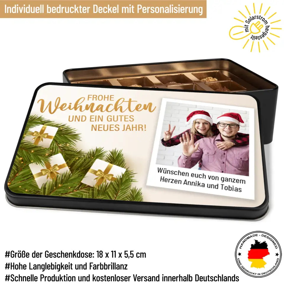 Geschenkdose mit Pralinen personalisiert „Frohe Weihnachten und ein gutes neues Jahr!“ mit eigenem Foto + Wunschtext