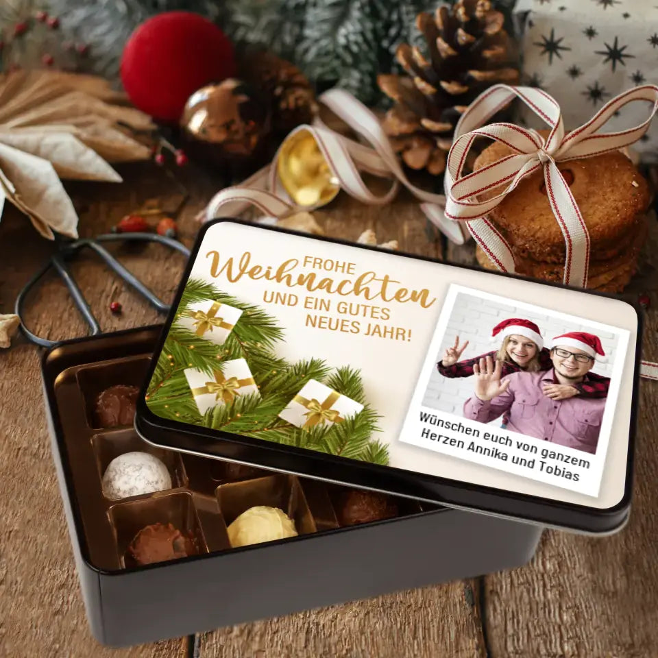 Geschenkdose mit Pralinen personalisiert „Frohe Weihnachten und ein gutes neues Jahr!“ mit eigenem Foto + Wunschtext