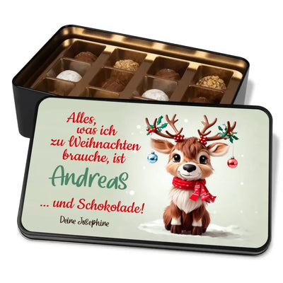 Geschenkdose mit Pralinen personalisiert „Alles, was ich brauche, ist WUNSCHNAME ... und Schokolade!" mit Wunschtext