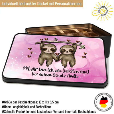 Geschenkdose mit Pralinen personalisiert „Mit dir bin ich am liebsten faul!" mit Wunschtext