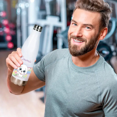 Edelstahl Trinkflasche 500ml - Thermoflasche "Weiße Katze" (Regenbogen-Motiv) mit Wunschname