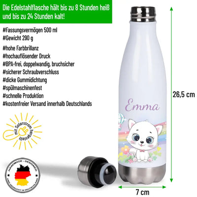 Edelstahl Trinkflasche 500ml - Thermoflasche "Weiße Katze" (Regenbogen-Motiv) mit Wunschname