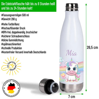 Edelstahl Trinkflasche 500ml - Thermoflasche "Einhorn" (Regenbogen-Motiv) mit Wunschname