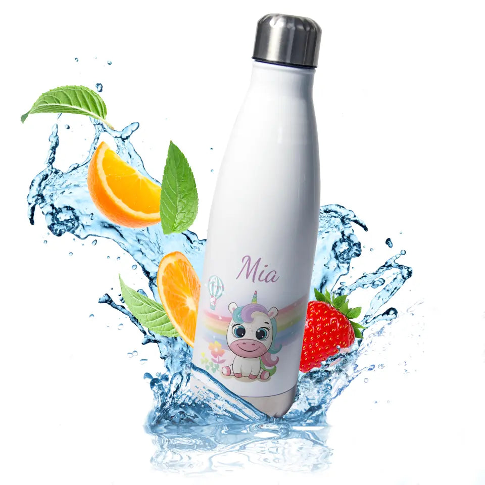 Edelstahl Trinkflasche 500ml - Thermoflasche "Einhorn" (Regenbogen-Motiv) mit Wunschname