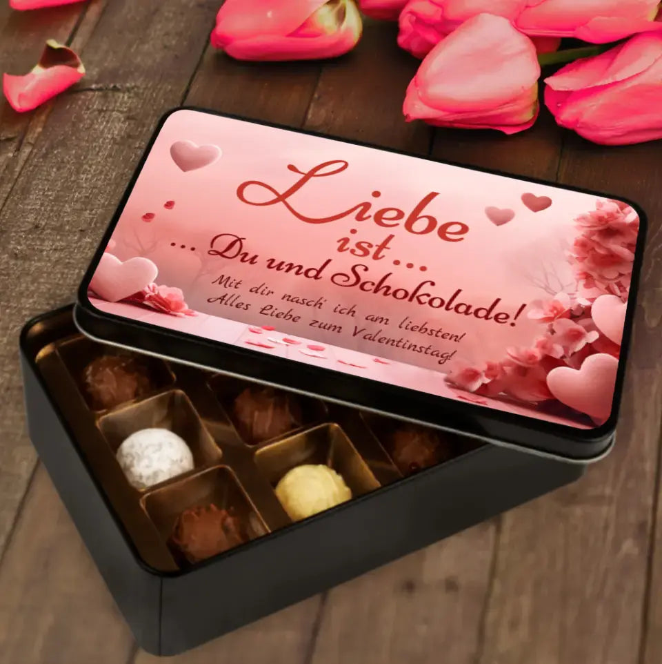 Geschenkdose mit Pralinen personalisiert „Liebe ist ... Du und Schokolade!" mit Wunschtext