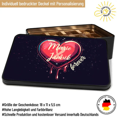 Geschenkdose mit Pralinen personalisiert „forever" (Großes Herz-Motiv) mit Wunschtext