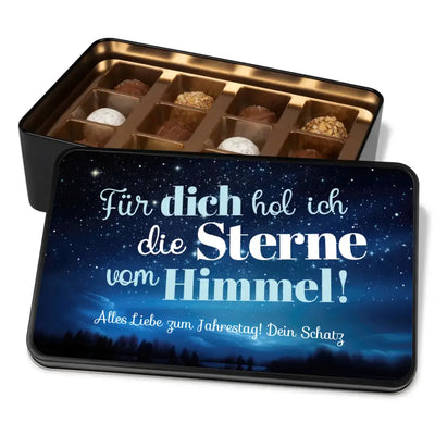 Geschenkdose mit Pralinen personalisiert „Für dich hol ich die Sterne vom Himmel!" mit Wunschtext