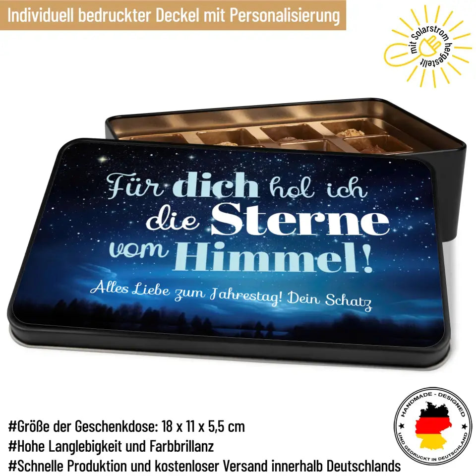 Geschenkdose mit Pralinen personalisiert „Für dich hol ich die Sterne vom Himmel!" mit Wunschtext