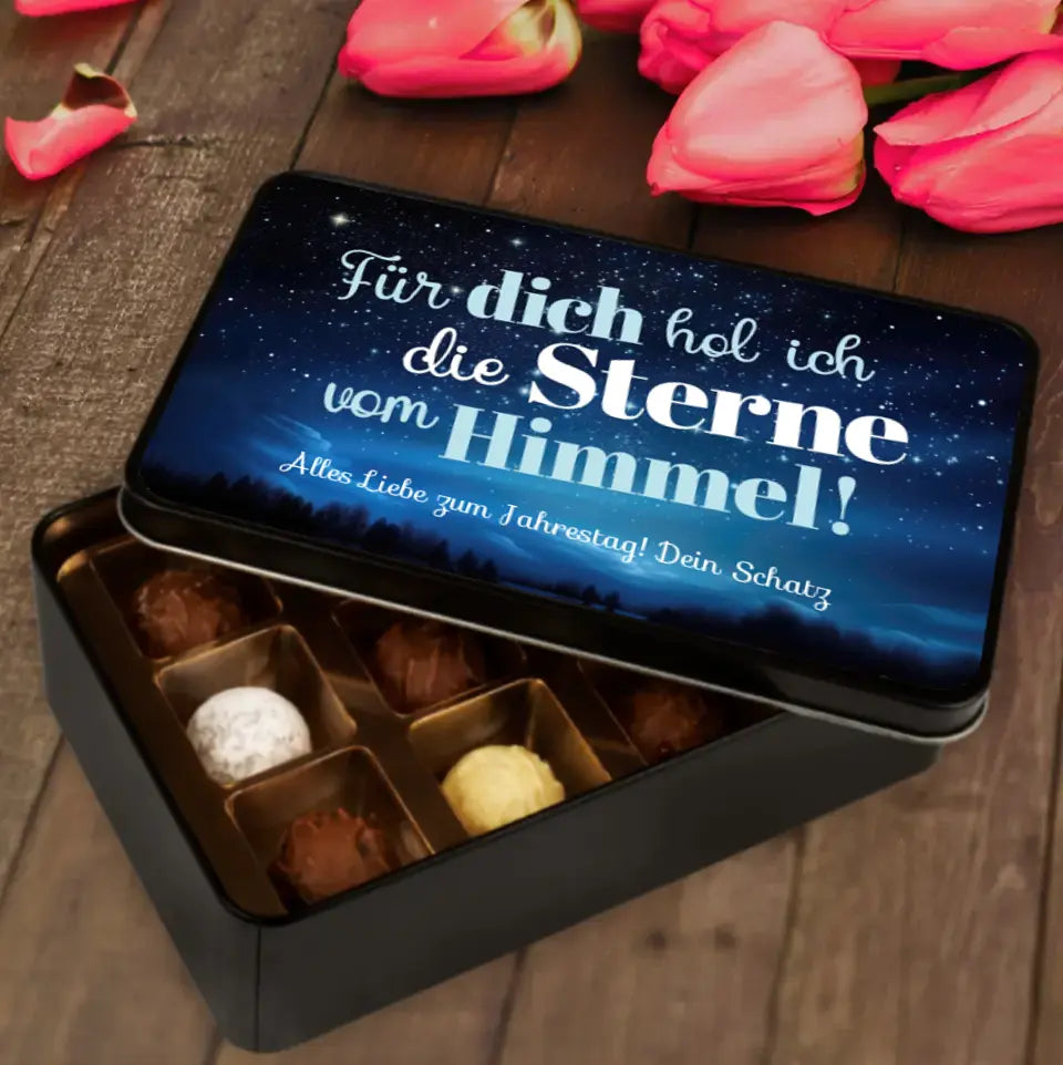 Geschenkdose mit Pralinen personalisiert „Für dich hol ich die Sterne vom Himmel!" mit Wunschtext