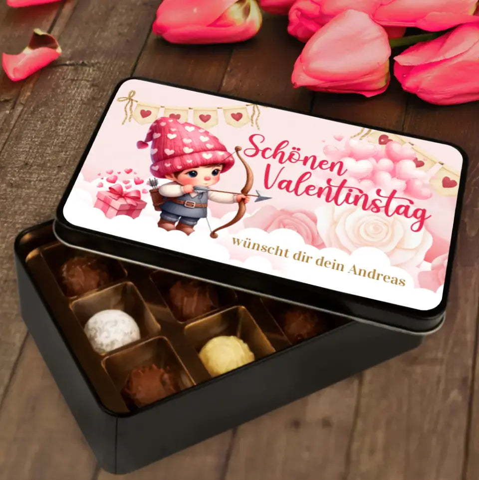 Geschenkdose mit Pralinen personalisiert „Schönen Valentinstag" mit Wunschtext