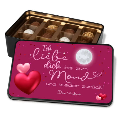 Geschenkdose mit Pralinen personalisiert mit Namen und Wunschtext „Ich liebe dich bis zum Mond und wieder zurück“ / pink